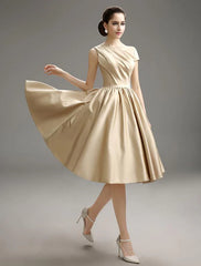 Casual Pleated Satin Fabric Cocktail Knee-Length Dress