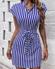 Casual A-Line Sleeveless Turn-down Collar Striped Printed Mini Dress
