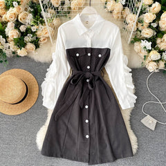 Design Splice Blouse Turn-down Collar Long Sleeve Button Street wear A-line Dress
