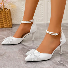 Elegant Pearl Chain Ankle Strap Pumps Bowknot Decoration Pointed Toe High Heel