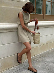 Casual Wear Cotton And Linen Sleeveless Crop Top And Mini Skirt 2 Piece Set