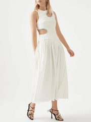 Luxury Round Neck Sleeveless Off Shoulder Hollow Out High Pleated Dress