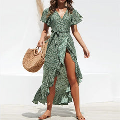 Bohemian V-Neck Irregular High Waist Lace-up Chiffon Print Casual Beach Long Dress