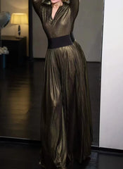 V Neck Long Sleeve Top High Waist Temperament Loose Pant Solid Two Piece Set