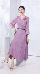 Pleated V-Neck Long Sleeve Waist Slimming Plate Flower Slim Skirt Solid Design Dress