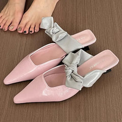 Sweet Butterfly-knot Low-heeled Slippers Elegant Pointed Toe Slingback Slide Sandals Comfort Concise Designer Office Shoes