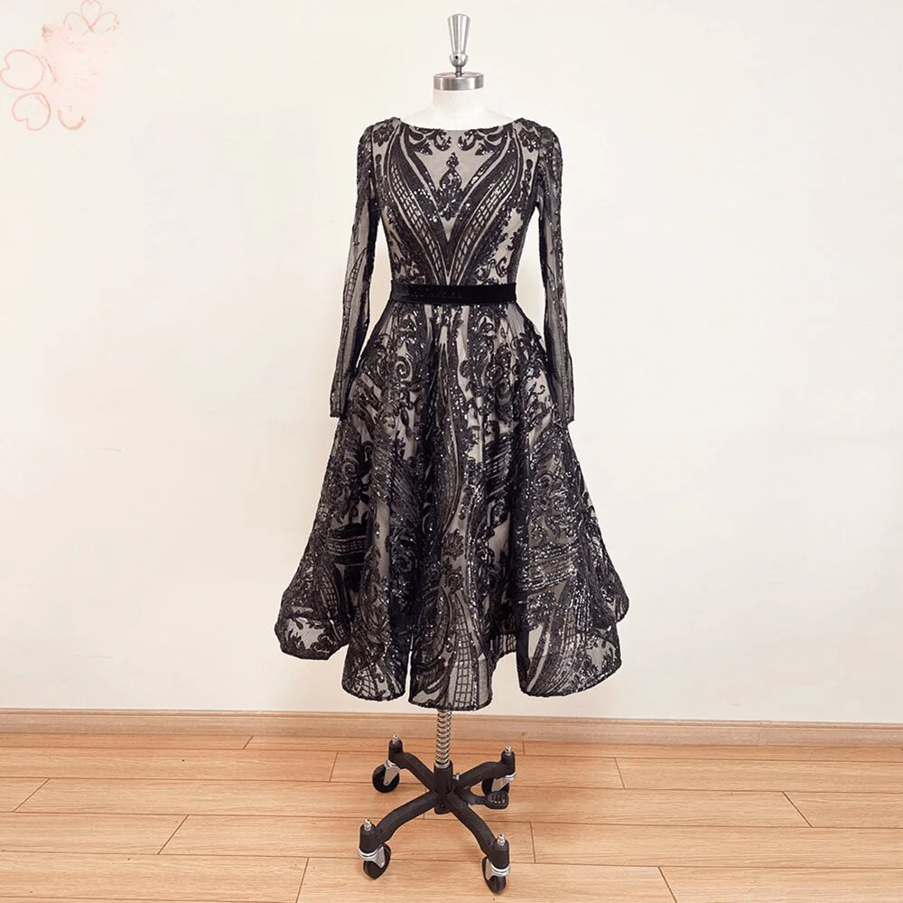 Elegant Tea Length Sequin Short Prom Party Gowns