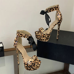 Leopard Print Hollow Out Lace-up Zipper Sandals Super Stiletto High Heel