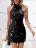 Elegant O-Neck Backless synthetic fiber Sequin Bodycon Short Dresses