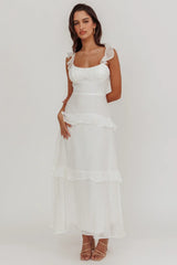 Moonlit Moment Ruffle Trim Lace-Up Back Maxi Dress White