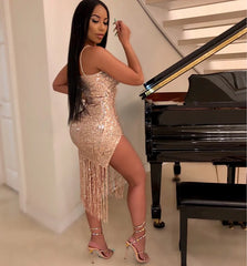 Tassel Split Sparkly Sequins Midi Bodycon Dresses