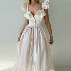 Elegant Striped Ruffles Square Collar Sleeveless Single Breasted Slim Long Dress