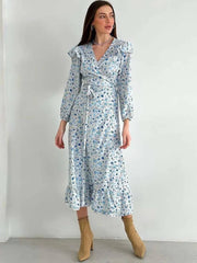 Elegant V-Neck Three Quarter Sleeve Ruffled Casual Loose Lace-Up Ruffled Dress