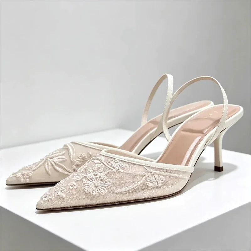 Elegant Mesh Embroidered Flowers Designer Heel