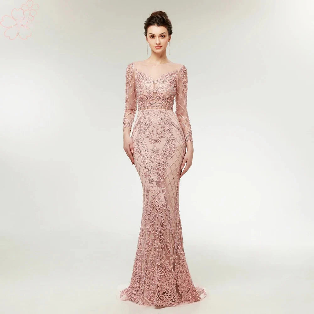 Elegant Beading Pearls Long Sleeves Mermaid Evening Prom Party Dress