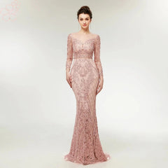 Elegant Beading Pearls Long Sleeves Mermaid Evening Prom Party Dress