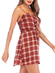 Casual Spaghetti Straps Plaid Lace Up Beach Mini Dress