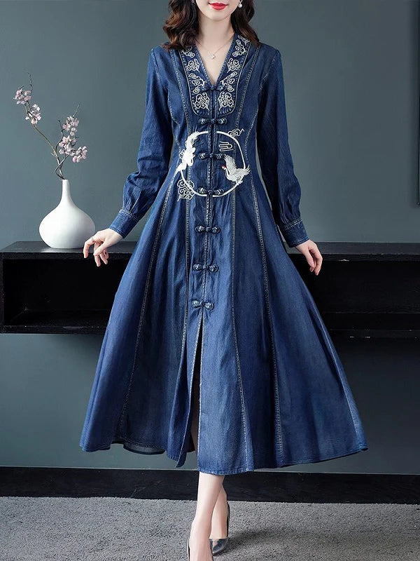 Long Maxi Embroidery Single Breasted Denim Dresses