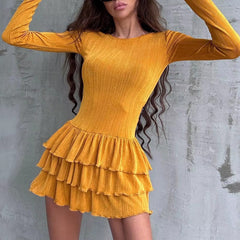 Vintage Long Sleeve O-Neck Stretch Bodycon Mini Dress