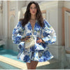 Casual Long Puff Sleeve V-neck A-line High Waist Print Ruffle Short Mini Dress