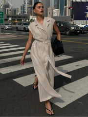 Casual Cotton Lapel Sleeveless Lace-Up Straight Ankle-Length Dress