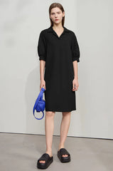 Solid Color Loose Lantern Sleeve V Neck Knit Stretch Comfort Minimalism Casual Dress