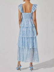 Elegant Floral Tiered High Slit Ruffle Shoulder Maxi Dress