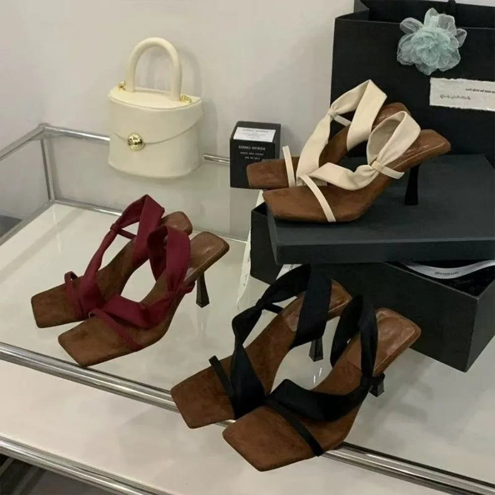 Luxury Designer High-heeled Mules with A Wrap-around Strap Square Toe Open-toe Slender Heel