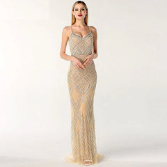Mermaid Sleeveless Diamond Pearls Evening Gowns