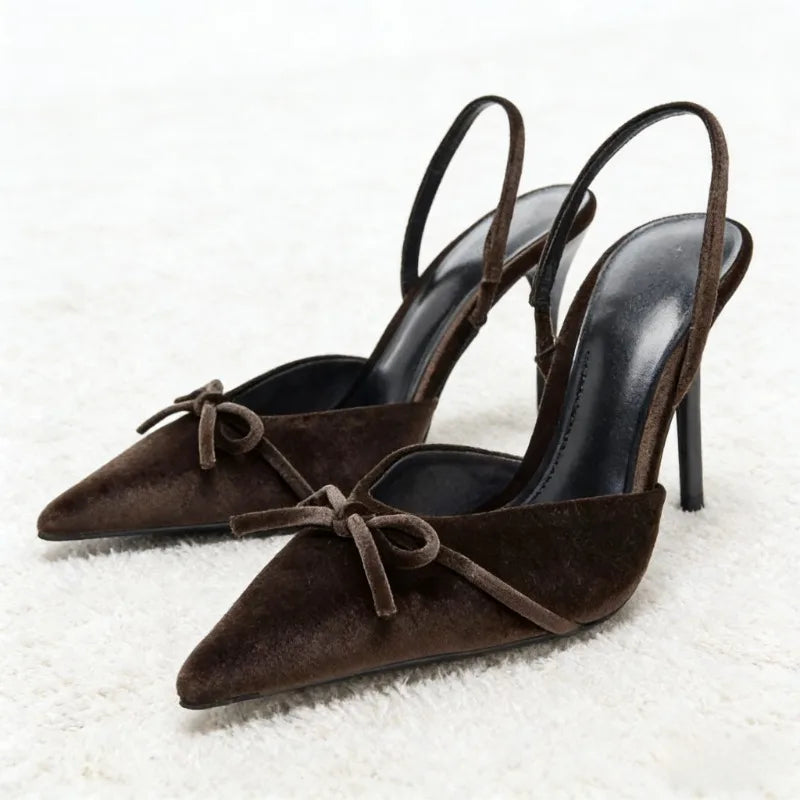 Coffee Velvet Butterfly Knot Decoration Pumps Pointed Toe Slingbacks High Heel