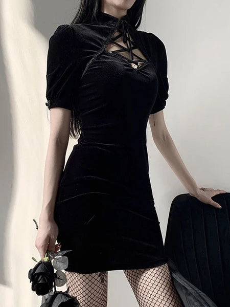 Short Sleeves Korean Velvet Cheongsam Short Dress