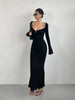 Elegant V-neck Flare Sleeves High Waist Slim Split Fish Tail Wrap Hip Long Dress