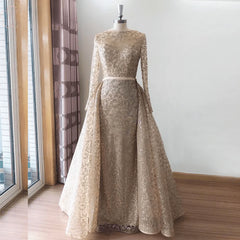 Long Sleeves Sequin Glitter Detachable Evening Night Party Dress