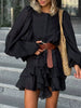 Casual Solid Button O Neck Long Sleeve High Waist Temperament Mini Dresses