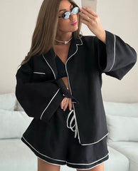 Elegant Long Sleeve Shirt With High Waist Shorts Loose 2 Pieces Set