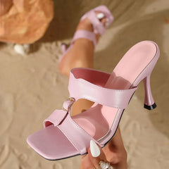 Designer Square Buckle Open Toe Slippers Elegant Thin High Heel
