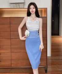 Elegant Stripe Color Block Tank Knitted Sheath Pencil Simple Bodycon Vestidos Dress
