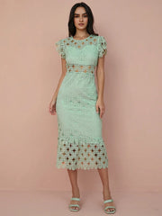 Hollow Lace Solid Ruffle Sleeve Midi Dress