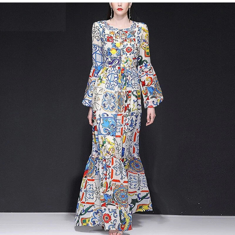 Elegant Classic lemon Painted Pottery Print Maxi Dress
