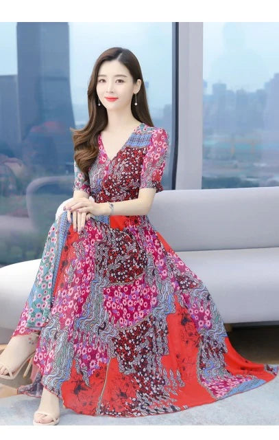 Arrival Short Sleeve Flower Printed Chiffon Long Beach Dress