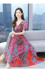 Arrival Short Sleeve Flower Printed Chiffon Long Beach Dress