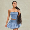 Retro Denim Off-Shoulder Corset Crop Tops Mini Pleated Skirts Two-Piece