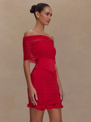 Casual Strapless Flods Patchwork Ruffles Off -Shoulder Pleated Bodycon Mini Dress