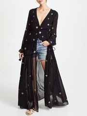 V Neck Long Sleeves Embroidered Boho Dress