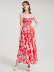 Flower Print Open Back Criss-cross Knotted Shirred Dress