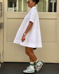 Elegant Classic Solid Loose Cotton Casual Lapel Short Sleeve Mini Dresses