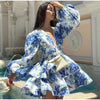 Casual Long Puff Sleeve V-neck A-line High Waist Print Ruffle Short Mini Dress