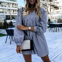 Elegant V-Neck Striped A-line party holiday casual dress