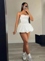 Casual Bandage Backless Lace Patchwork Stretch Puffy Mini Dress