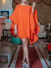 Elegant Ruffled Round Neck Above Knee Evening Loose Dress